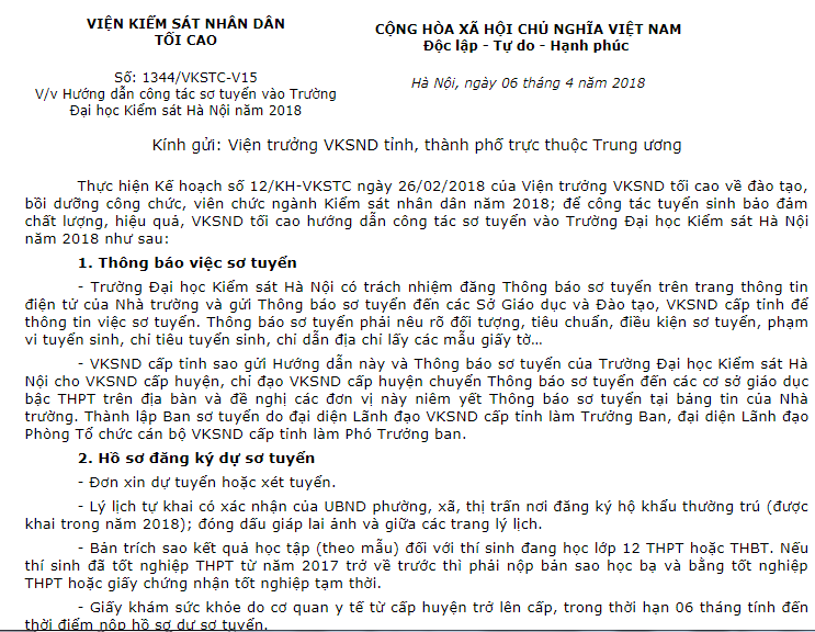 Hướng dẫn công tác sơ tuyển vào Trường Đại học Kiểm sát Hà Nội năm 2018