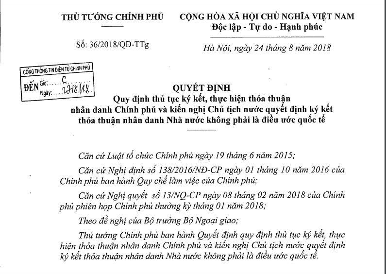 Thủ tục ký kết, thực hiện thỏa thuận nhân danh Chính phủ