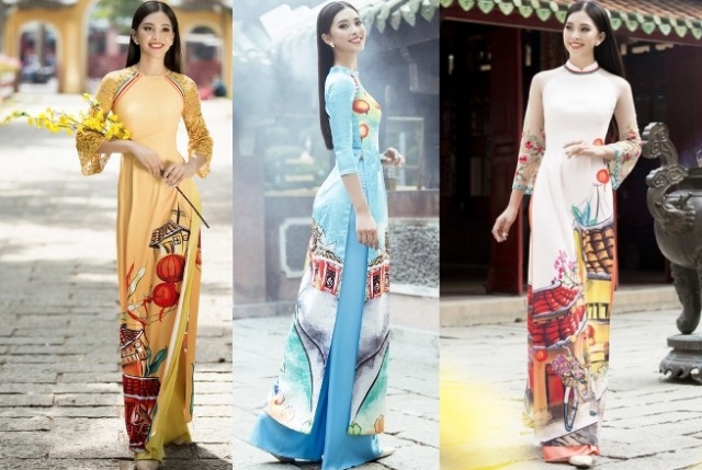 Hoa hậu Tiểu Vy diện áo dài in đèn lồng, vách ngói