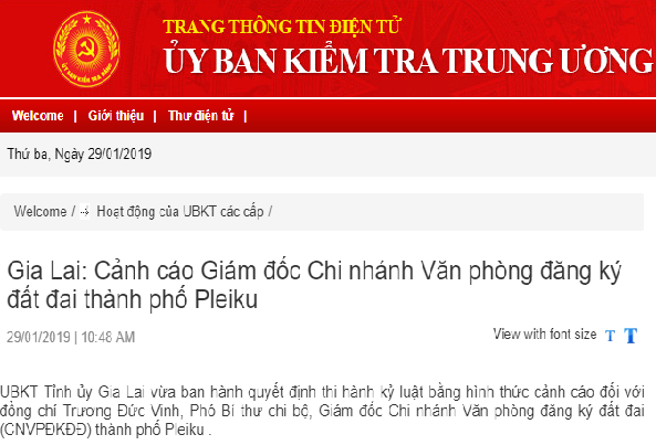 Kỷ luật cảnh cáo Giám đốc Chi nhánh Văn phòng đăng ký đất đai TP Pleiku