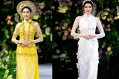 Mai Giang, Tiêu Ngọc Linh trình diễn áo dài cưới cùng Hoa hậu Myanmar