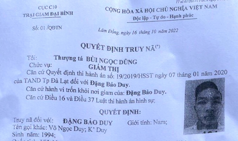 Truy nã phạm nhân trốn khỏi trại giam Đại Bình, tỉnh Lâm Đồng