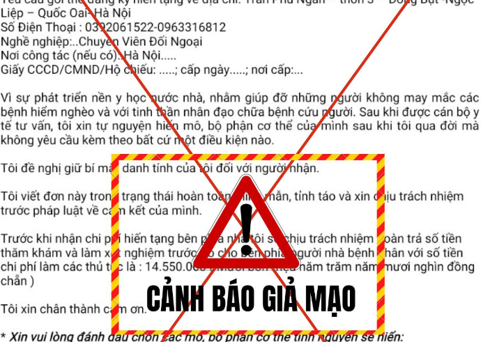 Bệnh viện Nội tiết trung ương cảnh báo lừa xác nhận hiến tạng được nhận tiền