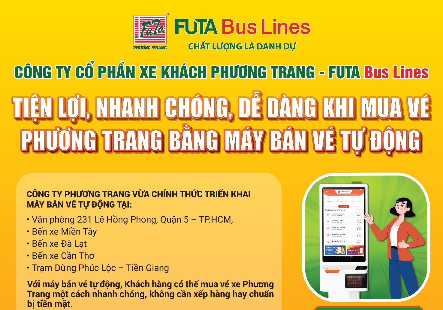 Tiện lợi, nhanh chóng, dễ dàng khi mua vé Phương Trang bằng máy bán vé tự động