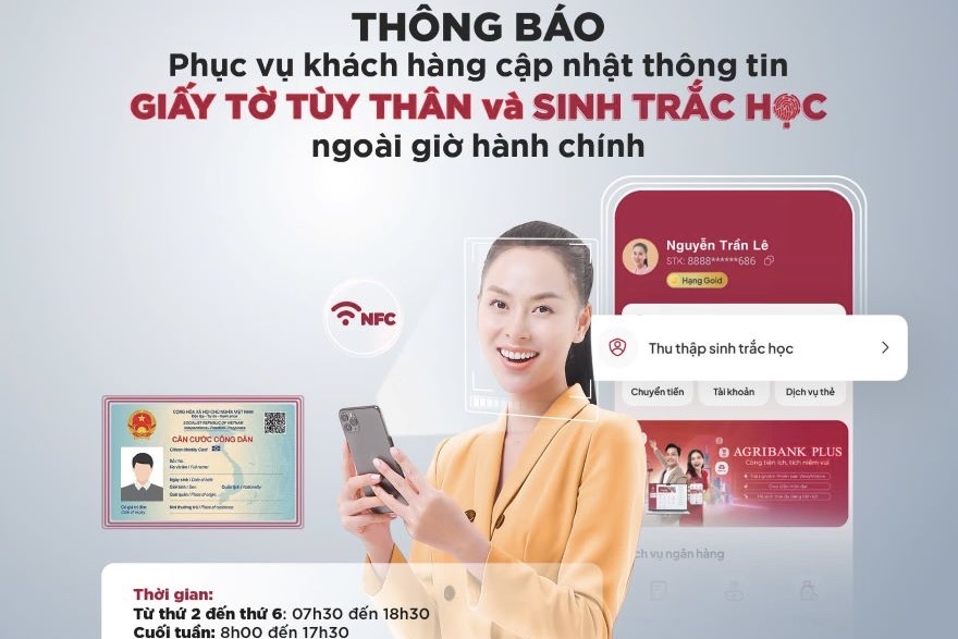 Agribank thông báo thời gian giao dịch ngoài giờ hành chính phục vụ khách hàng cập nhật thông tin giấy tờ tùy thân và sinh trắc học