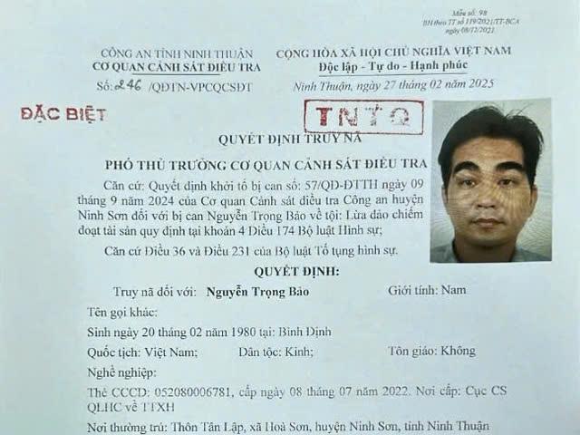 Truy nã đặc biệt đối với Nguyễn Trọng Bảo tội lừa đảo chiếm đoạt tài sản