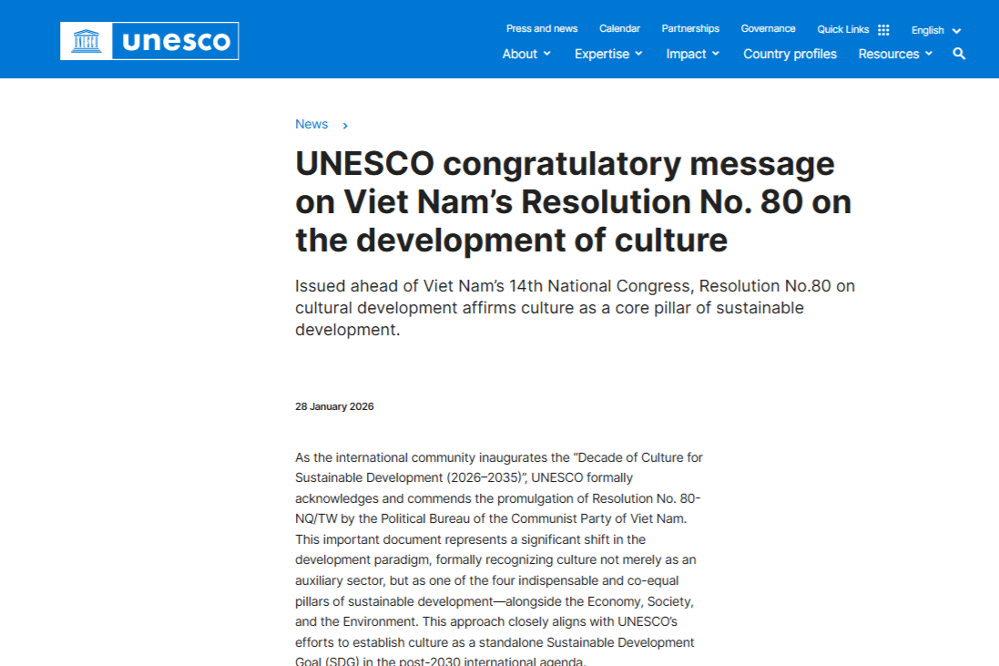 UNESCO đăng thông điệp chúc mừng Nghị quyết phát triển văn hóa Việt Nam