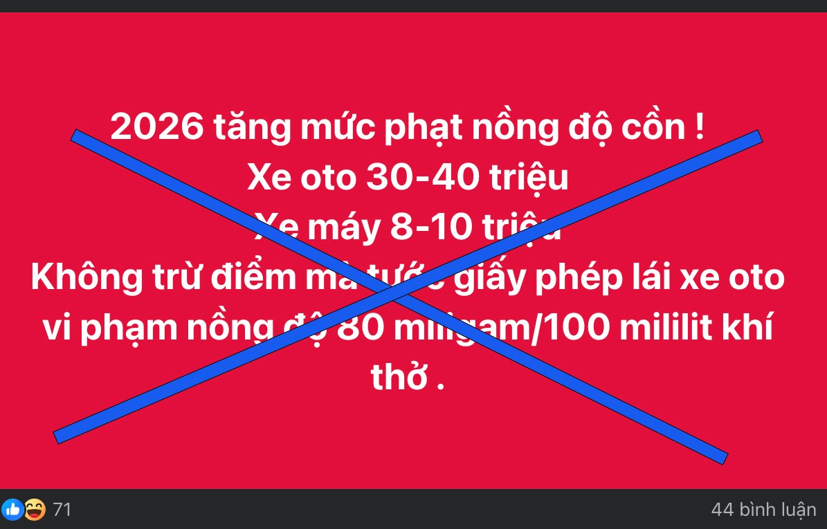 Thông tin mức phạt nồng độ cồn được điều chỉnh tăng mạnh trong năm 2026 là sai sự thật