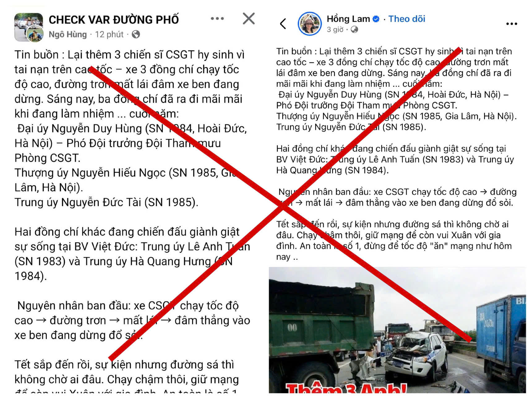 Công an Hà Nội bác bỏ thông tin thêm 3 chiến sĩ CSGT hy sinh trên cao tốc