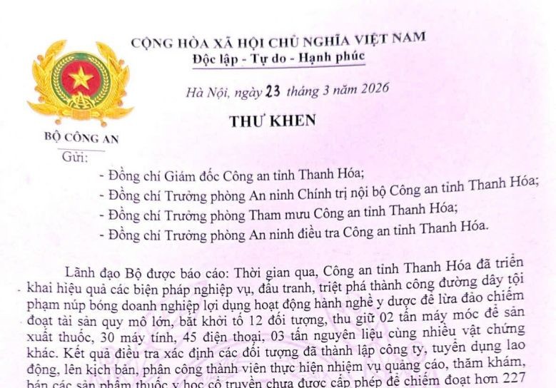 Bộ Công an gửi thư khen Công an tỉnh Thanh Hóa