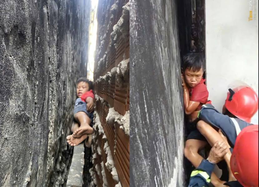 Giải cứu bé trai 9 tuổi bị trượt chân kẹt giữa khe tường