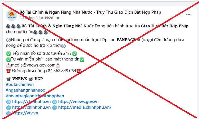 Cảnh báo trang facebook giả mạo Bộ Tài chính hỗ trợ lấy lại tiền bị lừa