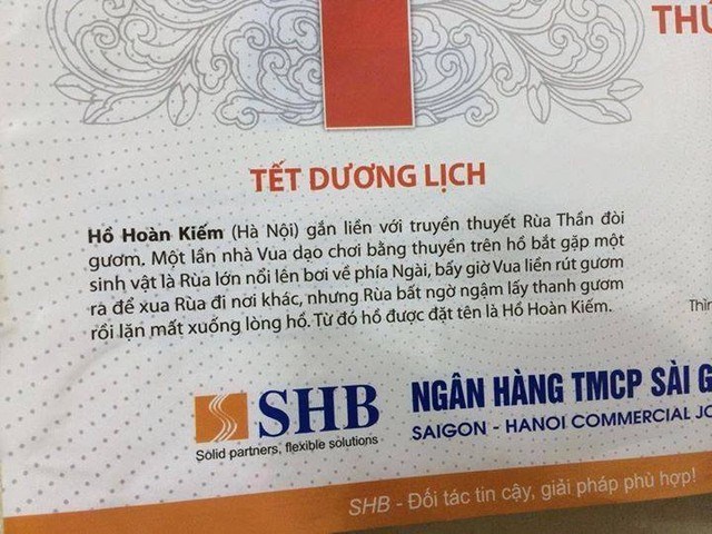 Tờ lịch của SHB có phần thông tin tóm tắt truyền thuyết Hồ Hoàn Kiếm với lời văn ngô nghê, gây bão dư luận