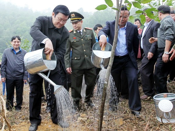  Chủ tịch nước Trương Tấn Sang tham gia Tết trồng cây ở phường Hàm Rồng, thành phố Thanh Hóa. (Ảnh: Nguyễn Khang/TTXVN)