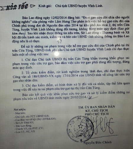 Trước đó, UBND tỉnh Quảng Trị có công văn yêu cầu xử lý sai phạm trong việc cấp gạo cứu đói cho người nghèo tại thị trấn Cửa Tùng. Ảnh: HƯNG THƠ 