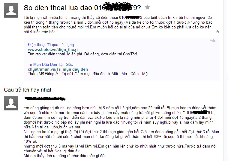 Trị mụn qua điện thoại Mất tiền hại thân