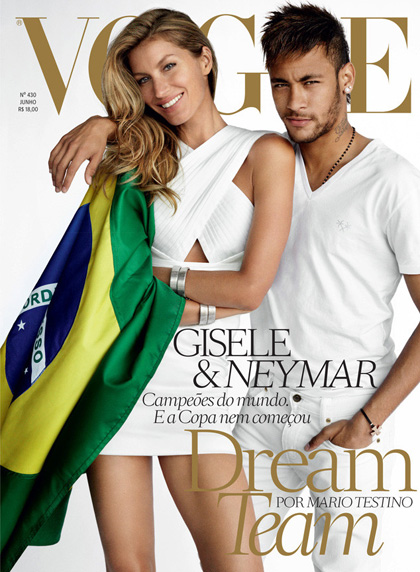  Neymar sánh vai với chân dài kiếm tiền nhiều nhất, Gisele Bundchen, trên tạp chí Vogue Brazil gần đây. Ảnh: Vogue.
