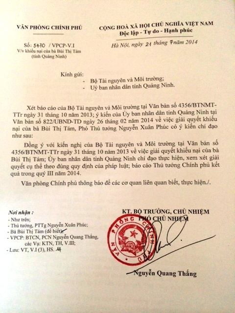 Văn bản của VPCP chỉ đạo UBND tỉnh Quảng Ninh theo đúng qui định của pháp luật