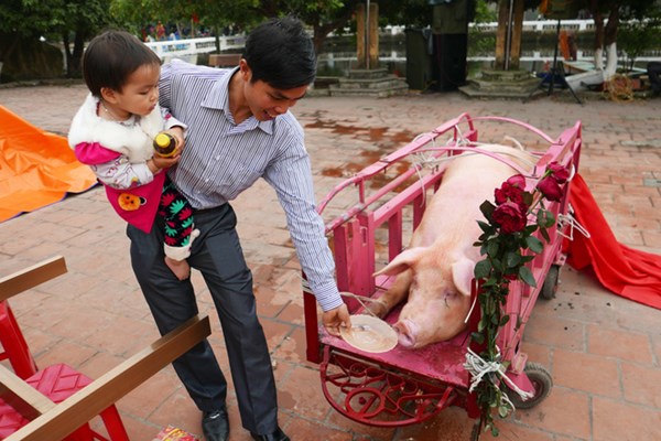 Hơn 2 tiếng nữa mới tới giờ làm lễ, anh Nguyễn Văn Xuân, 38 tuổi, ở thôn Thượng (Ném Thượng) tranh thủ bế con tới đình làng để chào Ông Ỉn. 
