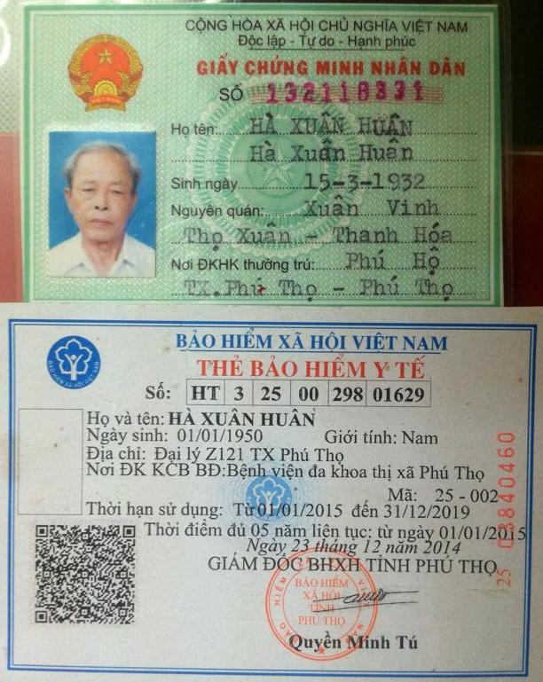 Giấy CMND và thẻ BHYT của cụ ông Hà Xuân Huân bị sai cả ngày, tháng, năm sinh.