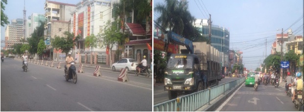 Lưu lượng giao thông ở 2 tuyến đường Lê Lợi (trái) và Trần Thái Tông (phải) cùng một thời điểm. 