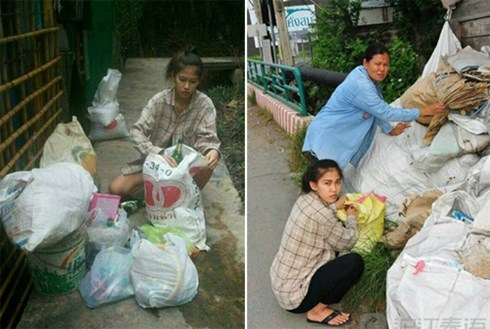 Mint Kanistha nhặt rác cùng mẹ.