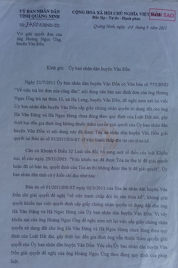  Công văn số 3450 của UBND tỉnh Quảng Ninh chỉ đạo giải quyết từ năm 2011