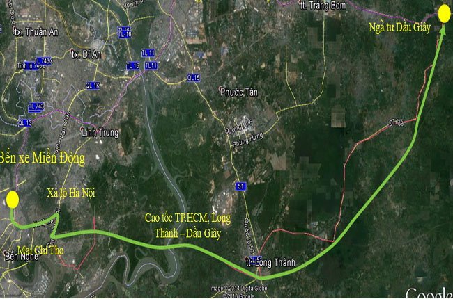 Hướng đi 3: Bến xe Miền Đông - Xa lộ Hà Nội - Cao tốc TPHCM, LongThành, Dầu Giây - Ngã tư Dầu Giây