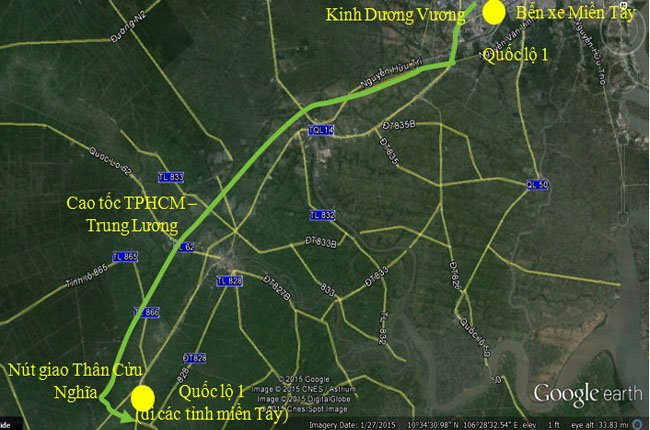 Hướng đi 1: Bến xe Miền Tây - Quốc lộ 1 - Cao tốc TPHCM - Trung Lương - Quốc lộ 1 để đi các tỉnh miền Tây