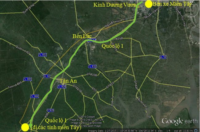 Hướng đi 2: Bến xe Miền Tây - Kinh Dương Vương - Quốc lộ 1 để đi các tỉnh miền Tây.