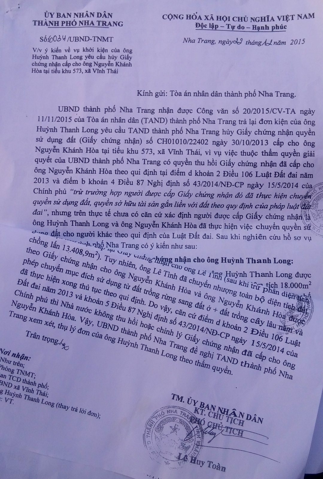 Công văn của UBND TP. Nha Trang gửi TAND TP. Nha Trang đề nghị tòa thụ lý giải quyết sự việc cho ông Long