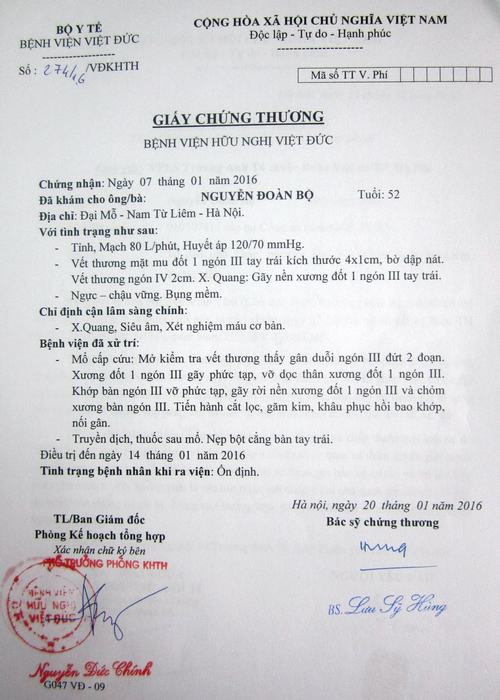 Giấy chứng thương của bệnh viện nơi ông Nguyễn Đoàn Bộ điều trị.