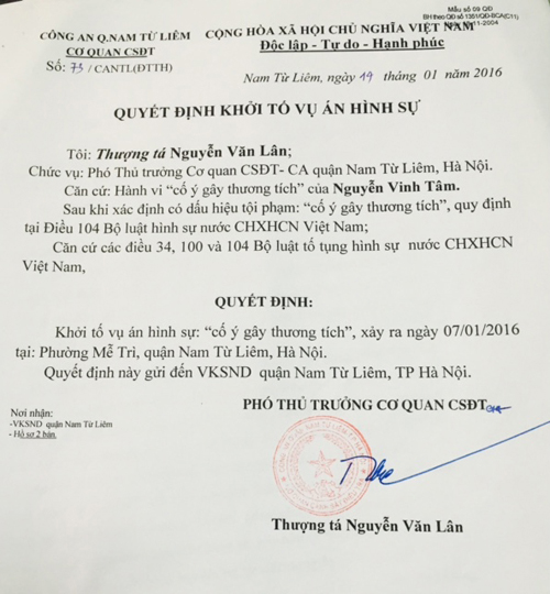 Quyết định số 73/CANTL (ĐTTH) khởi tố vụ án hình sự cố ý gây thương tích xảy ra vào ngày 07/01/2016 tại phường Mễ Trì, quận Nam Từ Liêm, Hà Nội.