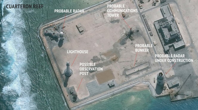  Các tháp rađa Trung Quốc xây trái phép trên đảo nhân tạo ở Biển Đông - Ảnh: CSIS