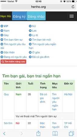  Trang web “henho.org”, nơi Nguyễn Văn Thành săn tìm nạn nhân tại chuyên mục “Tìm người yêu ngắn hạn” để trộm cắp tài sản.