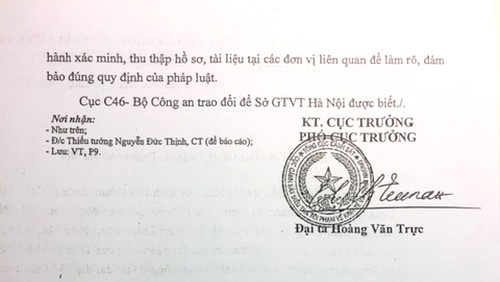 Công văn của C46 Bộ Công an gửi Sở GTVT TP Hà Nội