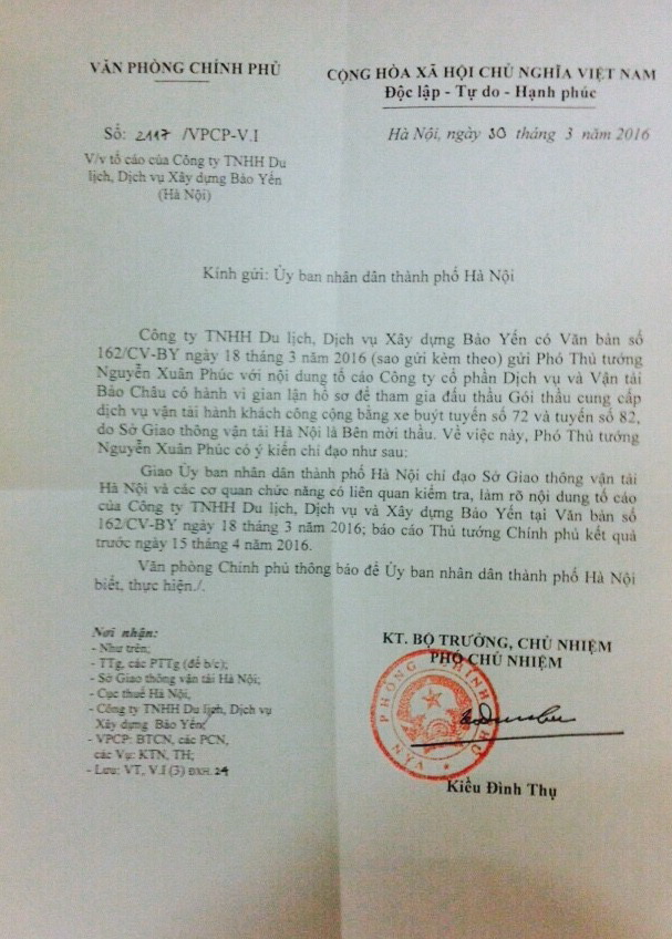 Công văn của Văn phòng Chính phủ gửi UBND TP Hà Nội