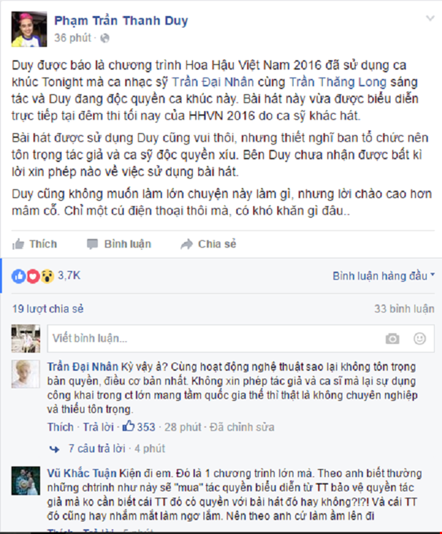  Chia sẻ quan điểm của Thanh Duy trên trang facebook cá nhân.