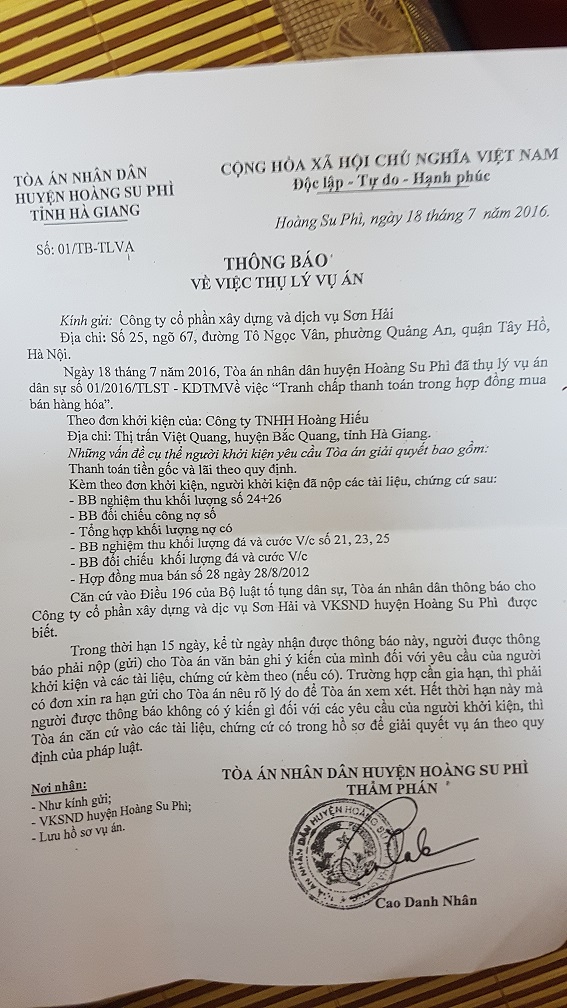 Thông báo thụ lý vụ án của TAND huyện Hoàng Su Phì gửi tới CT Sơn Hải