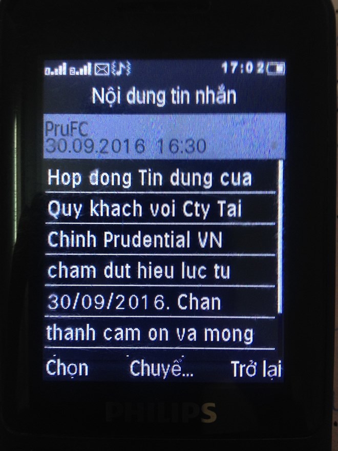 Thông báo của Công ty Tài Chính Prudential tới ông D 