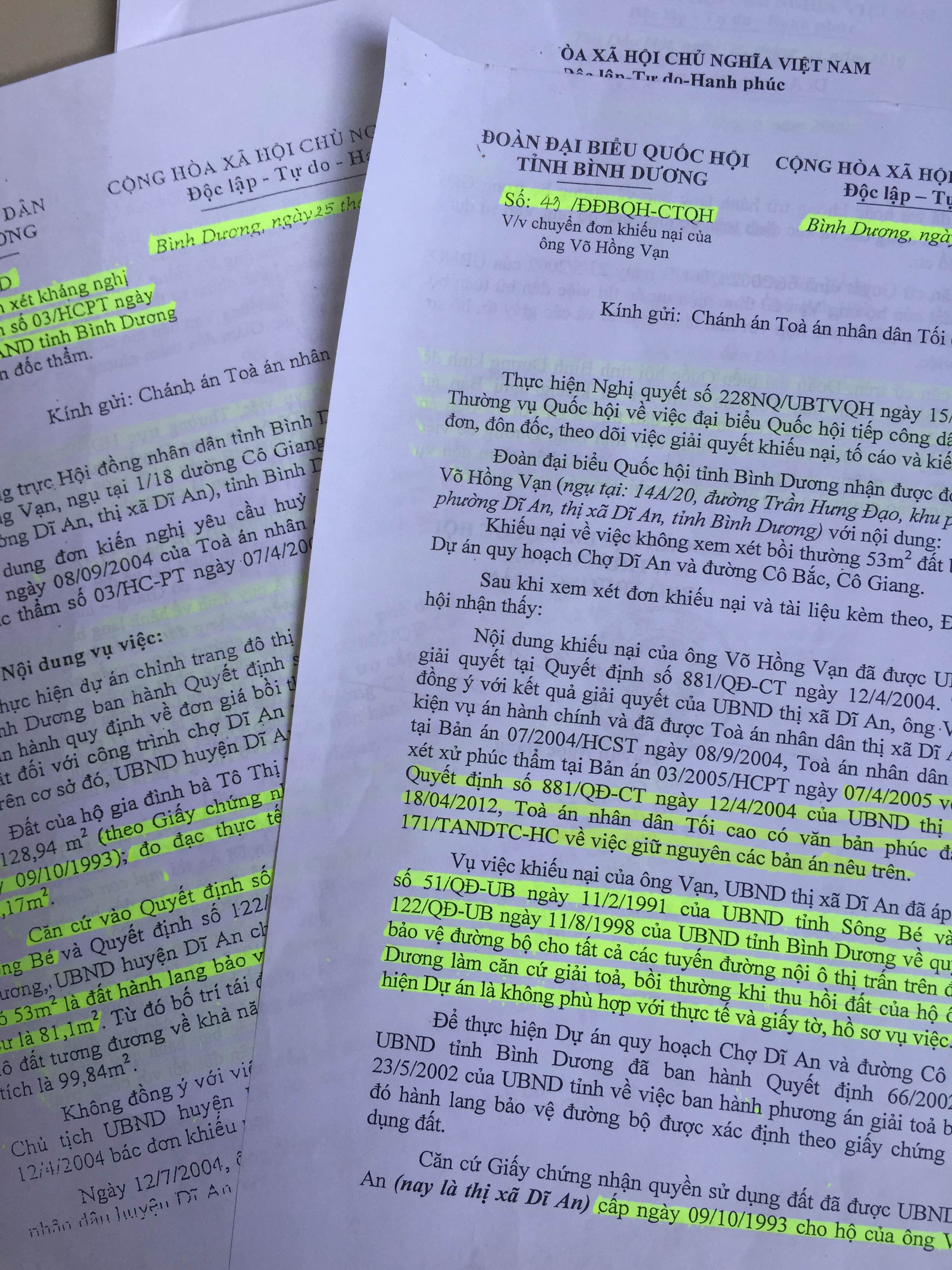 Hàng loạt văn bản của Đoàn Đại biểu quốc hội, HĐND tỉnh Bình Dương gửi TANDTC, VKSNDTC đề nghị xem xét lại bản án hành chính đối với trường hợp của ông Võ Hồng Vạn