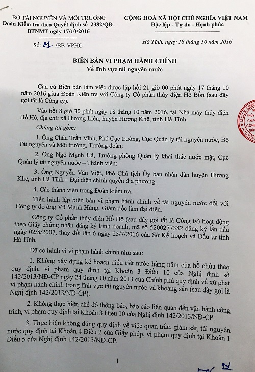 Biên bản vi phạm hành chính Nhà máy Thủy điện Hố Hô của Đoàn công tác Bộ TN&MT