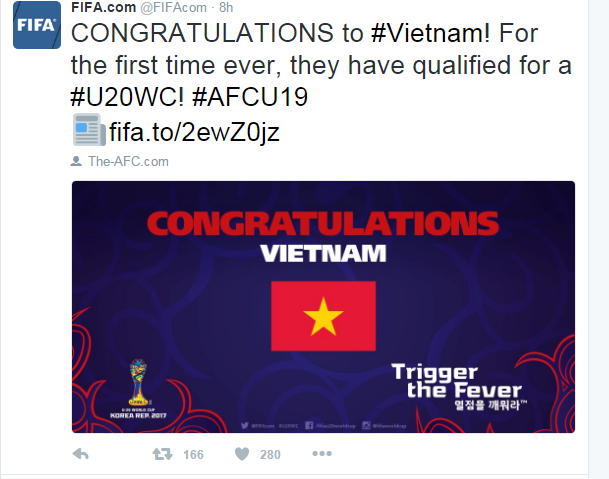  FIFA chúc mừng U19 Việt Nam lần đầu dự World Cup U20