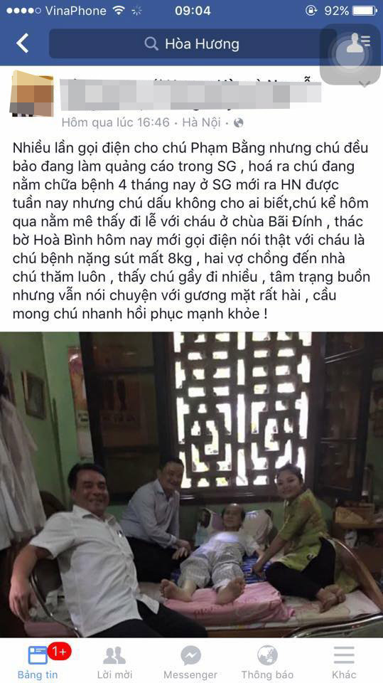  Thông tin và hình ảnh nghệ sĩ Phạm Bằng bị bệnh gan được lan truyền trên mạng xã hội đã khiến nhiều khán giả xót xa. Ảnh: HH