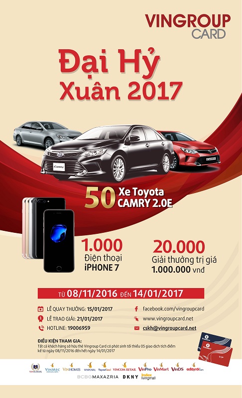 Cơ cấu giải thưởng có 50 xe Toyota Camri E2.0 và 1000 điện thoại iPhone 7