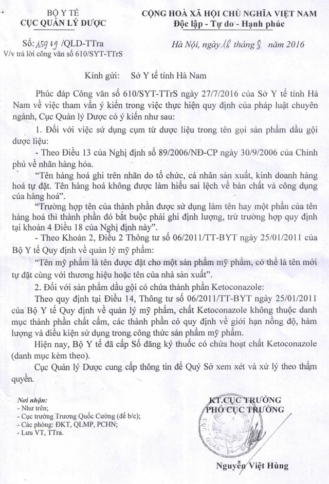 Công văn của Cục Quản lý Dược (Bộ Y tế) khẳng định Ketoconazole không thuộc danh mục thành phần chất cấm