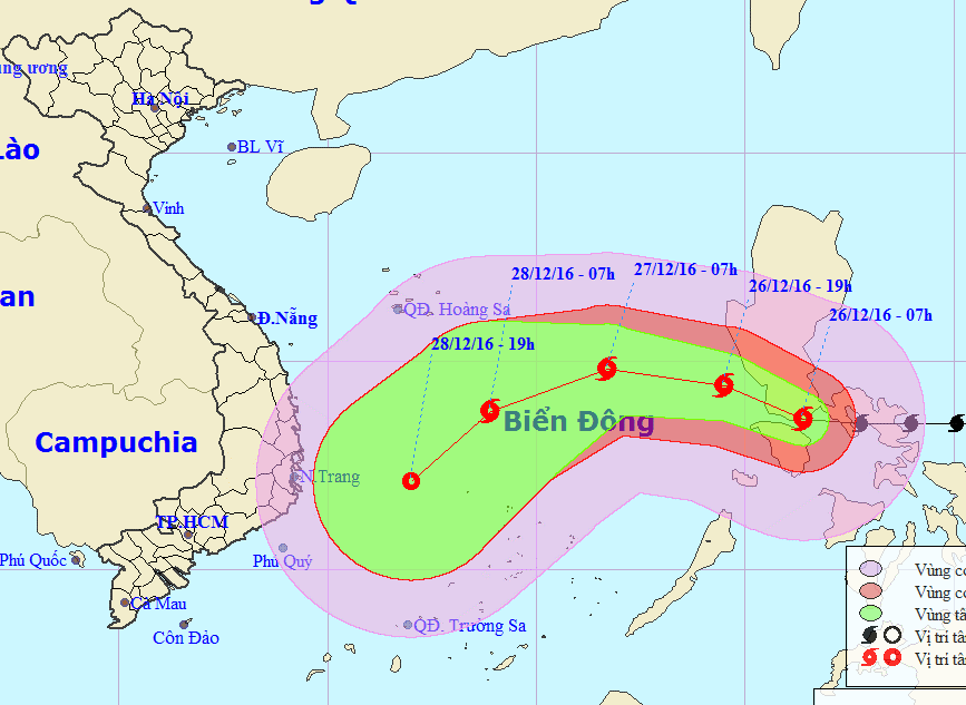 Dự báo vị trí và hướng di chuyễn của bão Nock-ten - Nguồn: Trumg tâm Dự báo khí tượng thủy văn trung ương