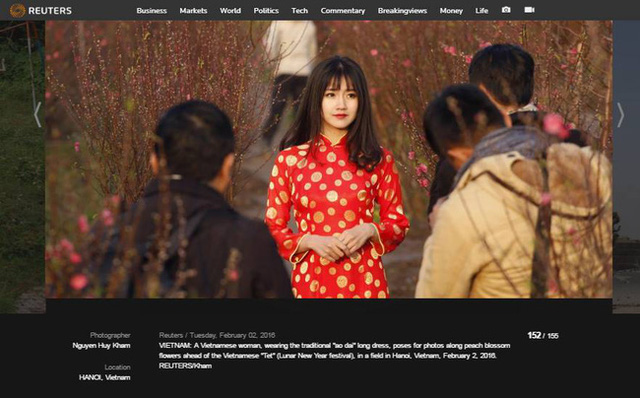 Hình ảnh hot girl Kiều Trinh mặc áo dài đỏ duyên dáng giữa vườn đào vừa xuất hiện trên Reuters khi hãng thông tấn lớn nhất thế giới này công bố 155 bức ảnh do phóng viên hãng này chụp tại 155 quốc gia xoay quanh chủ đề: Bức ảnh ấn tượng trong năm 2016 ở mỗi quốc gia.