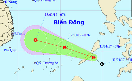  Đường đi của vùng áp thấp theo dự báo của Trung tâm dự báo khí tượng thủy văn Trung ương. Ảnh: NCHMF.