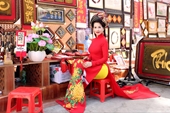 Hoa hậu Lê Thanh Thúy thướt tha áo dài xuống phố xin chữ đầu năm